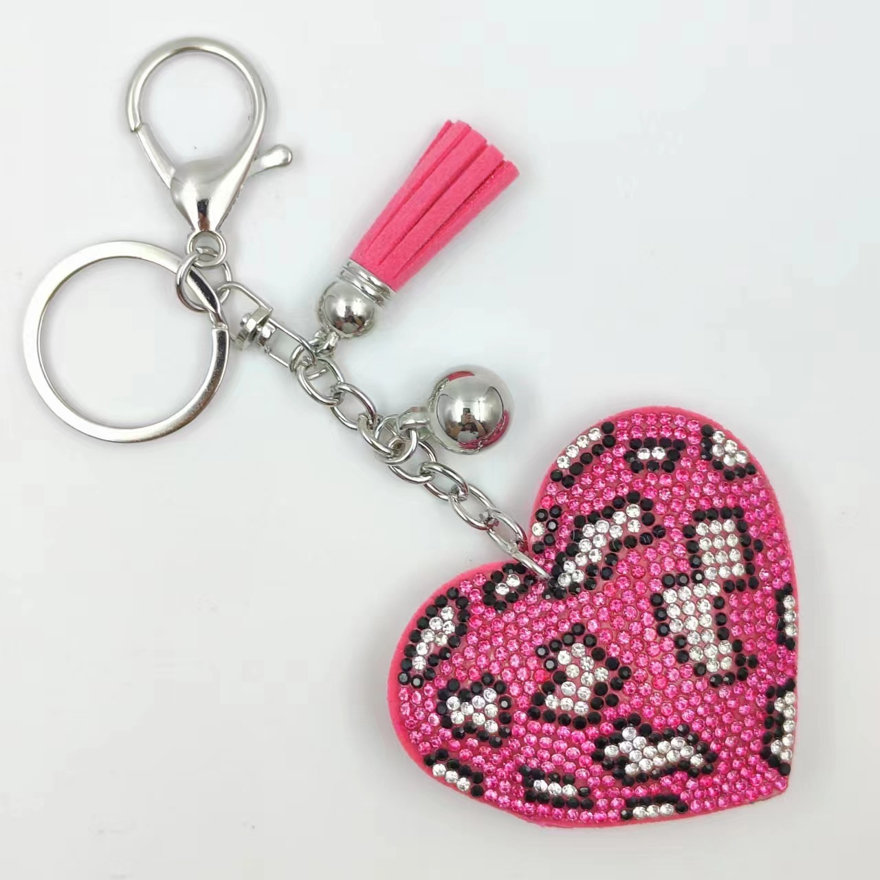 Wholesale leopard print heart rhinestone velvet tassel keychain bag pendant