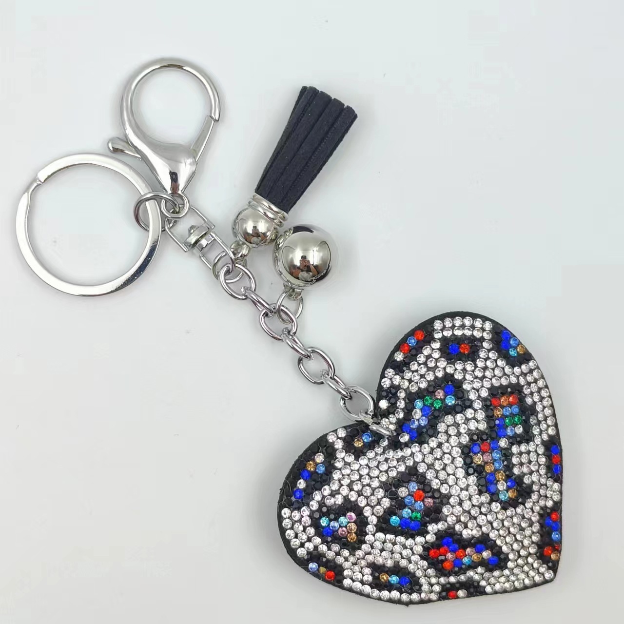 Wholesale leopard print heart rhinestone velvet tassel keychain bag pendant