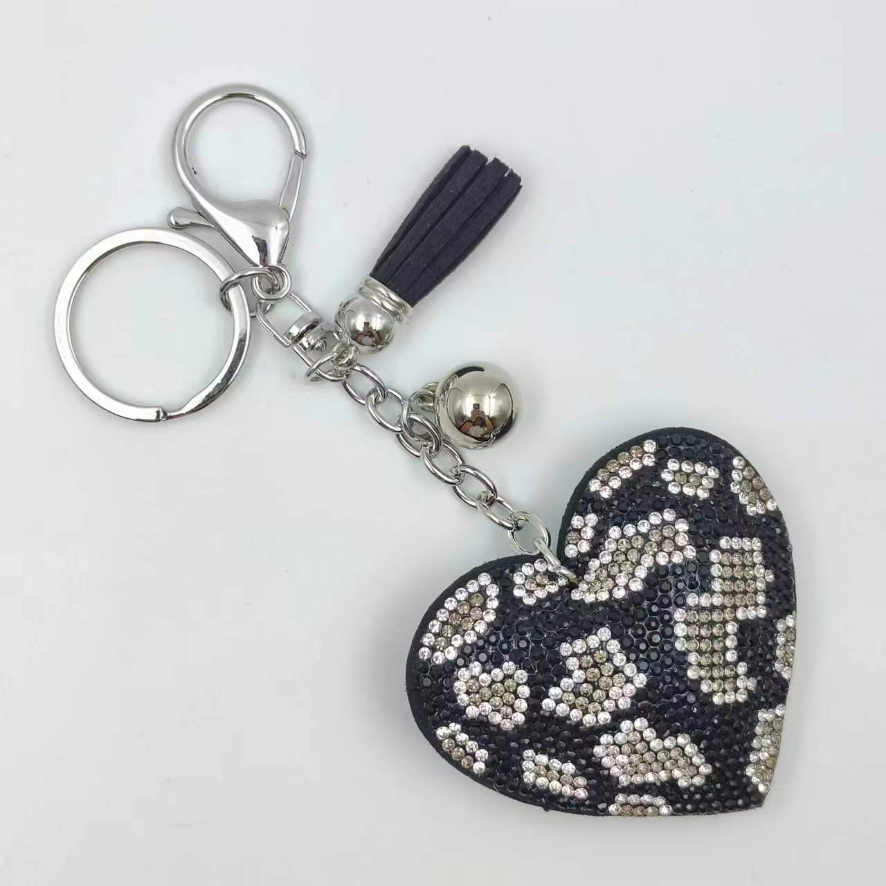 Wholesale leopard print heart rhinestone velvet tassel keychain bag pendant