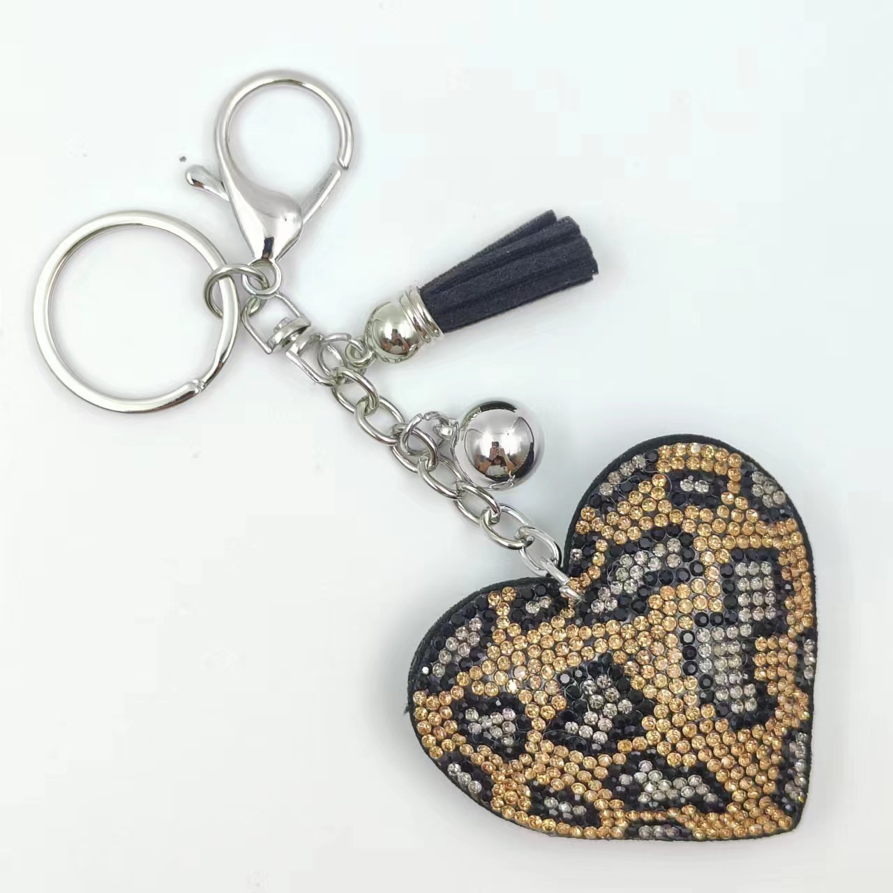 Wholesale leopard print heart rhinestone velvet tassel keychain bag pendant