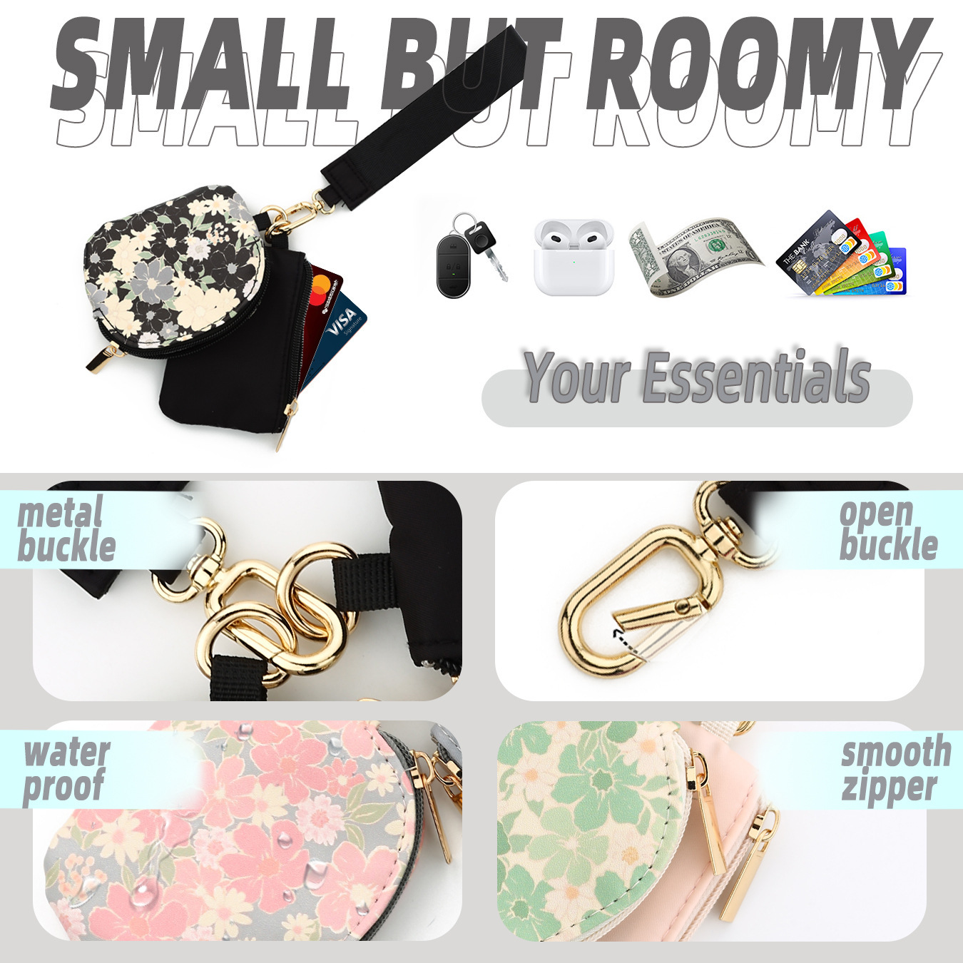 2025lulu same style multifunctional waterproof nylon wrist bag double pocket card holder keychain printed leather coin purse