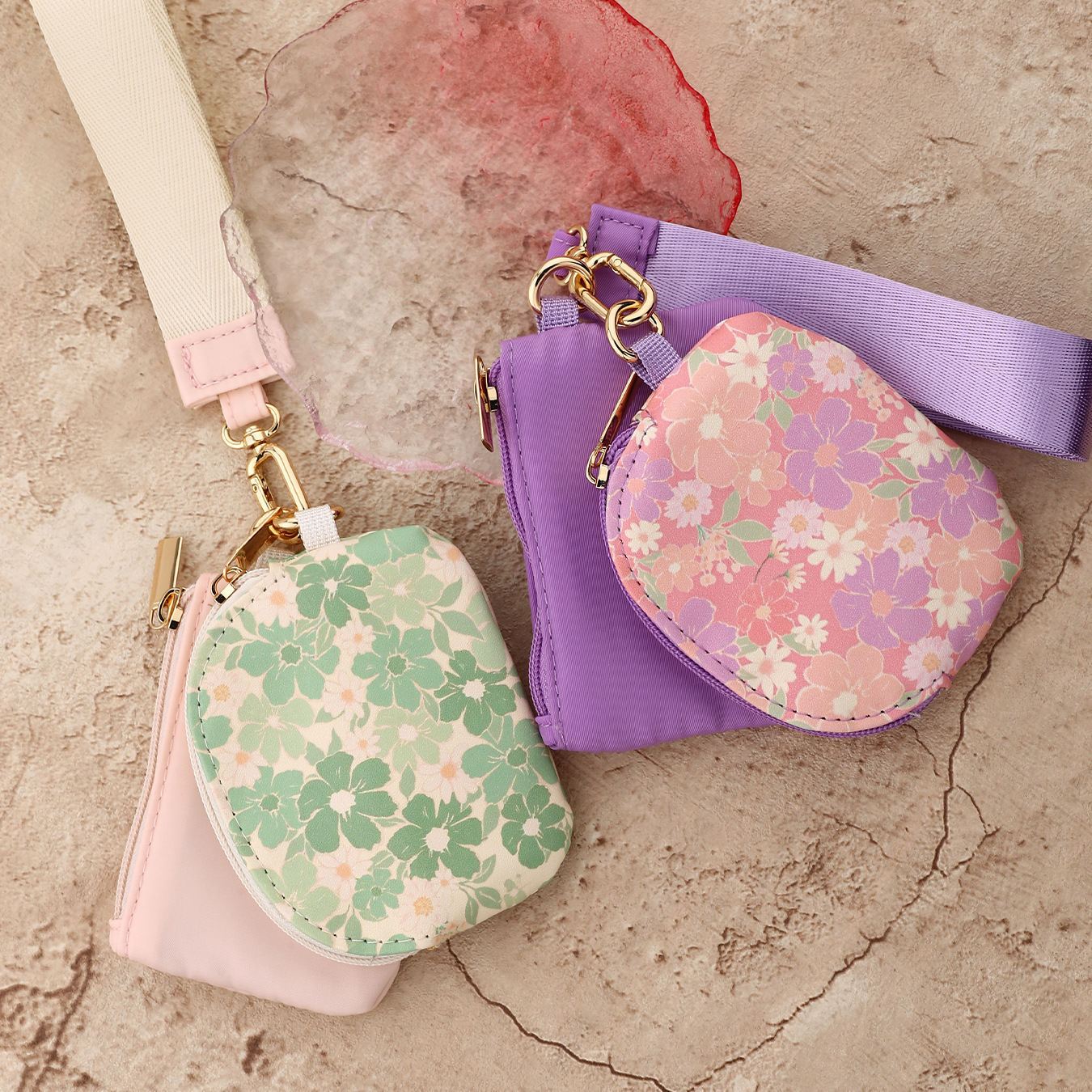2025lulu same style multifunctional waterproof nylon wrist bag double pocket card holder keychain printed leather coin purse