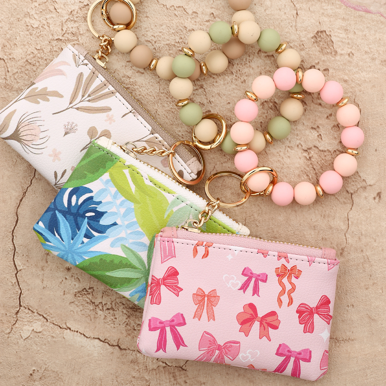 25 Cross-border wallet bow card holder ladies printed handbag silicone bead bracelet keychain ID bag wallet