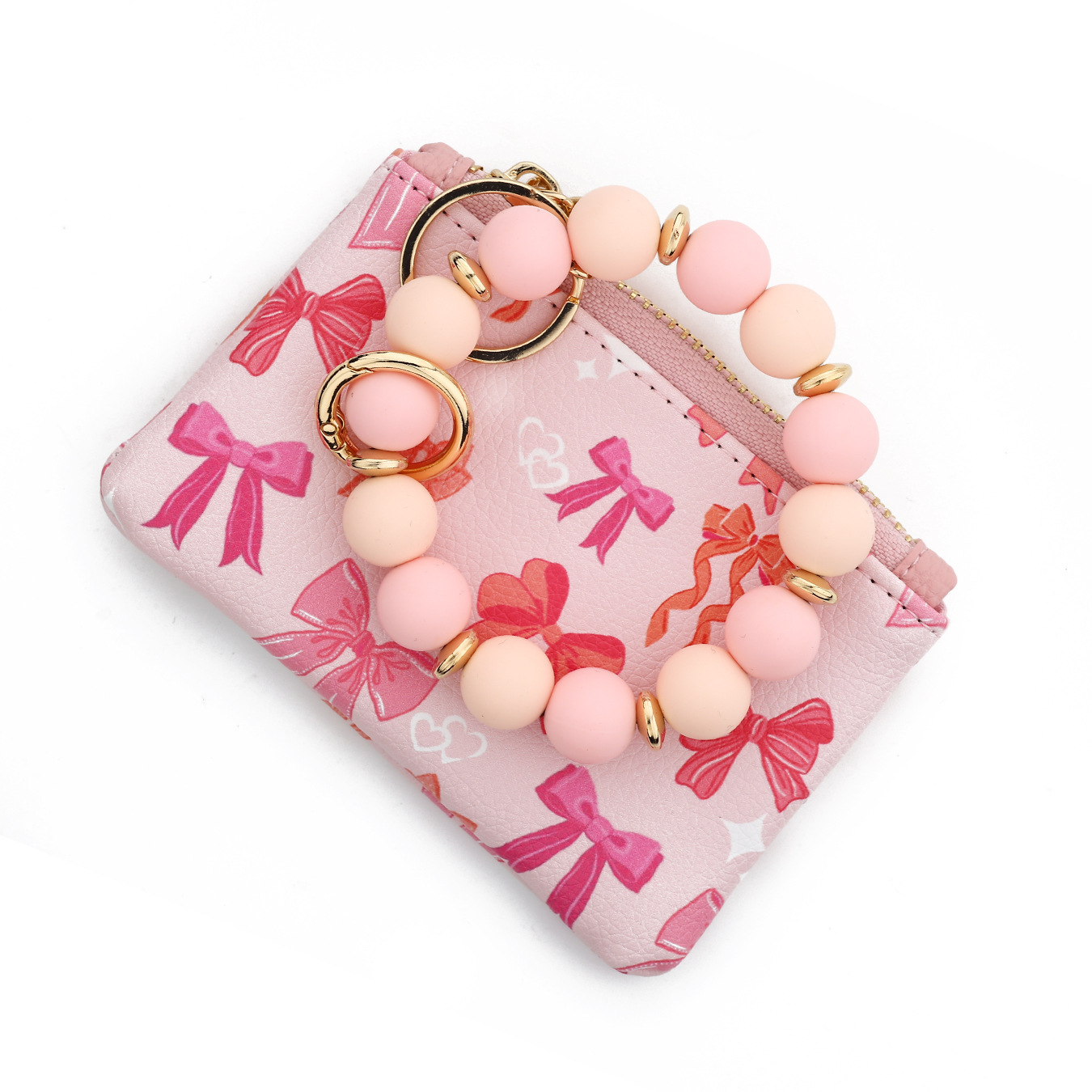 25 Cross-border wallet bow card holder ladies printed handbag silicone bead bracelet keychain ID bag wallet