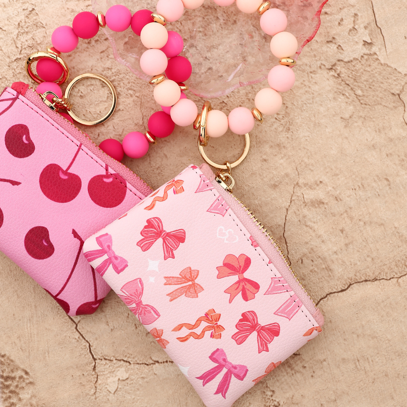 25 Cross-border wallet bow card holder ladies printed handbag silicone bead bracelet keychain ID bag wallet