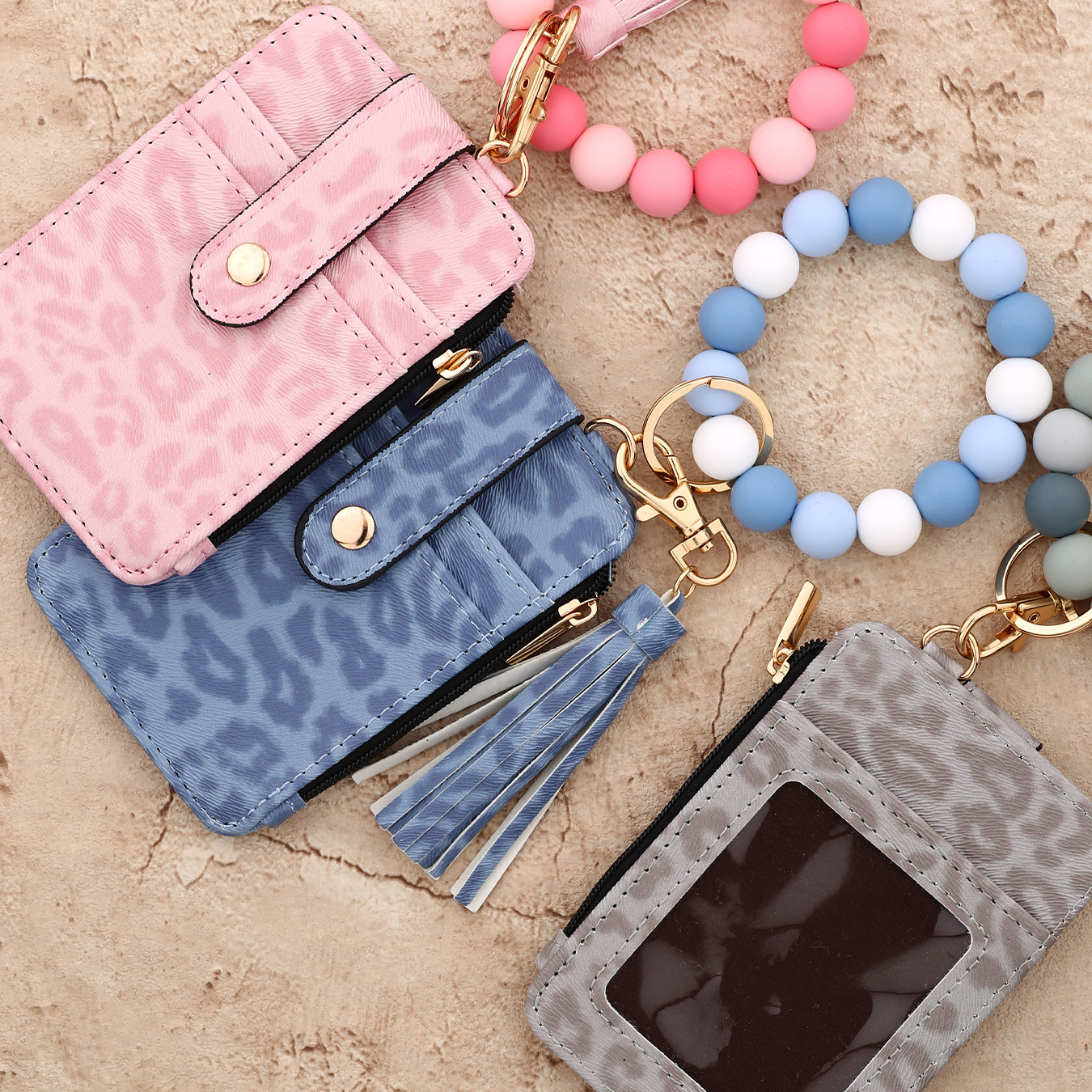 2026 In-stock cross-border European and American document holder, folded edge card holder, silicone bracelet, keychain, leopard print leather wallet