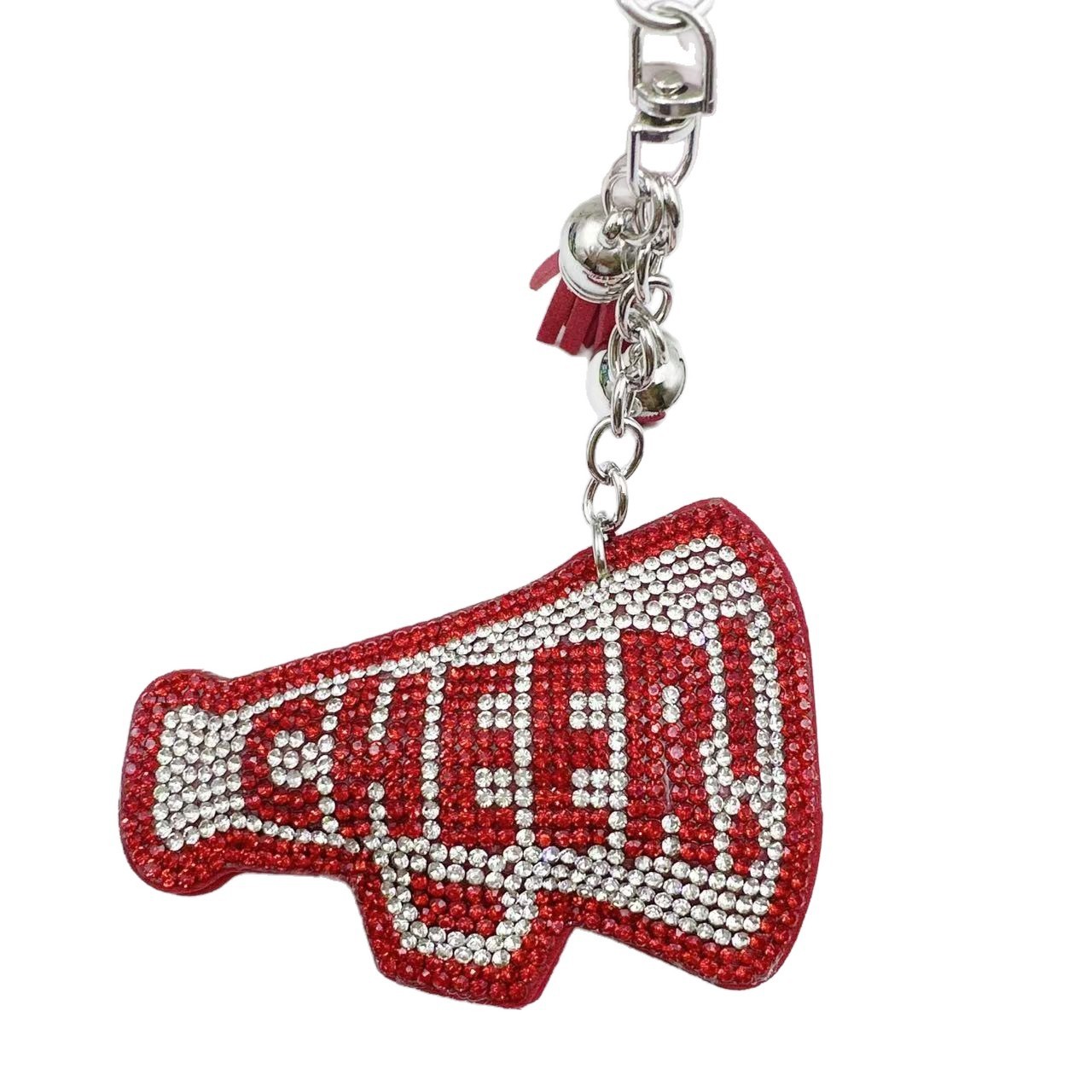 New Korean style velvet rhinestone letter CHEER keychain, a gift for customers, featuring a rhinestone horn pattern on a bag or key chain.