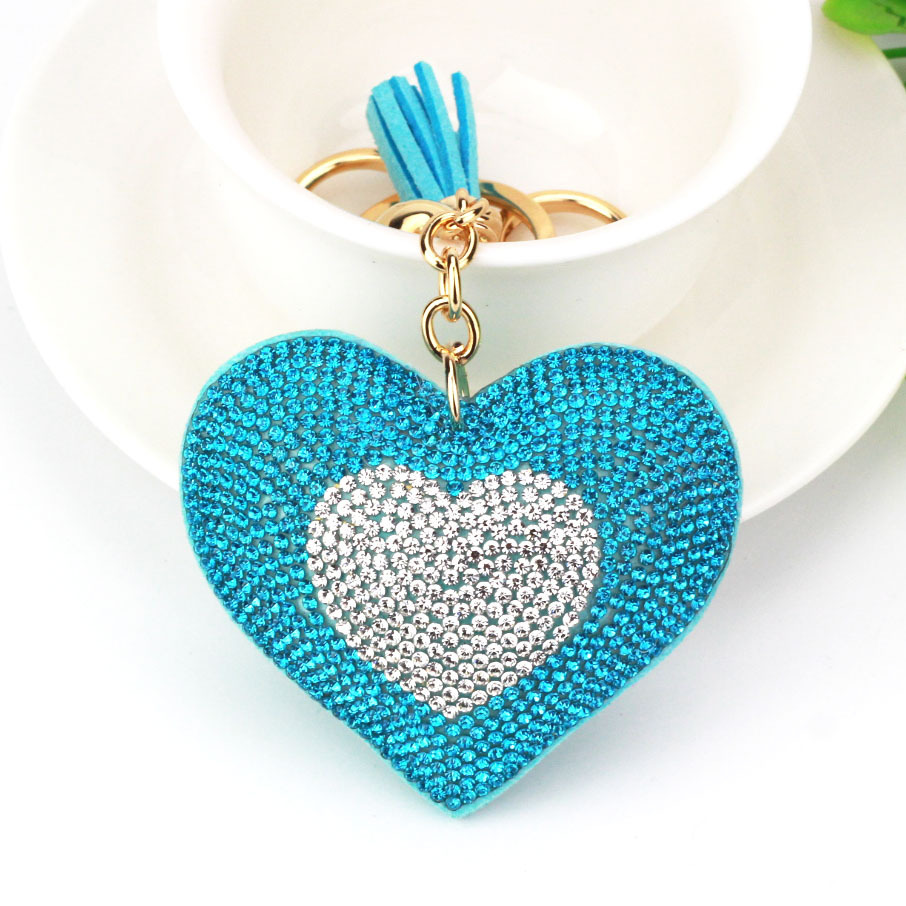 Cross-border AliExpress foreign trade jewelry, two-tone peach heart keychain, Korean velvet hot-fix rhinestone heart tassel bag car pendant