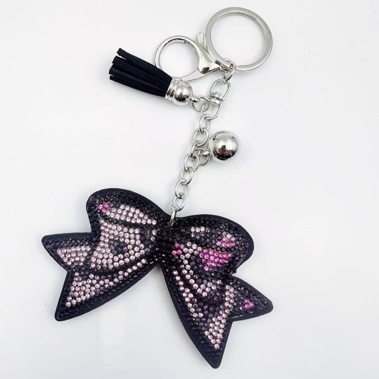 Creative rhinestone leopard print keychain, Korean velvet rhinestone bow keychain, bag tassel leather pendant