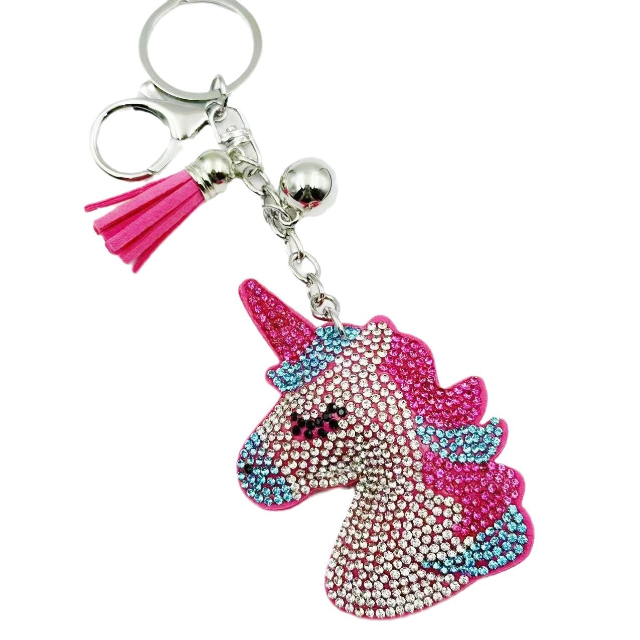 New cross-border cute cartoon unicorn hot-fix rhinestone keychain, fashionable rhinestone crystal tassel bag pendant manufacturer