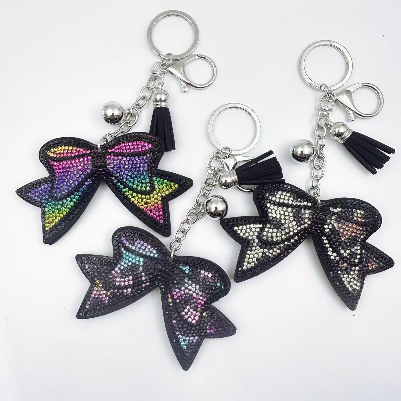 Creative rhinestone leopard print keychain, Korean velvet rhinestone bow keychain, bag tassel leather pendant