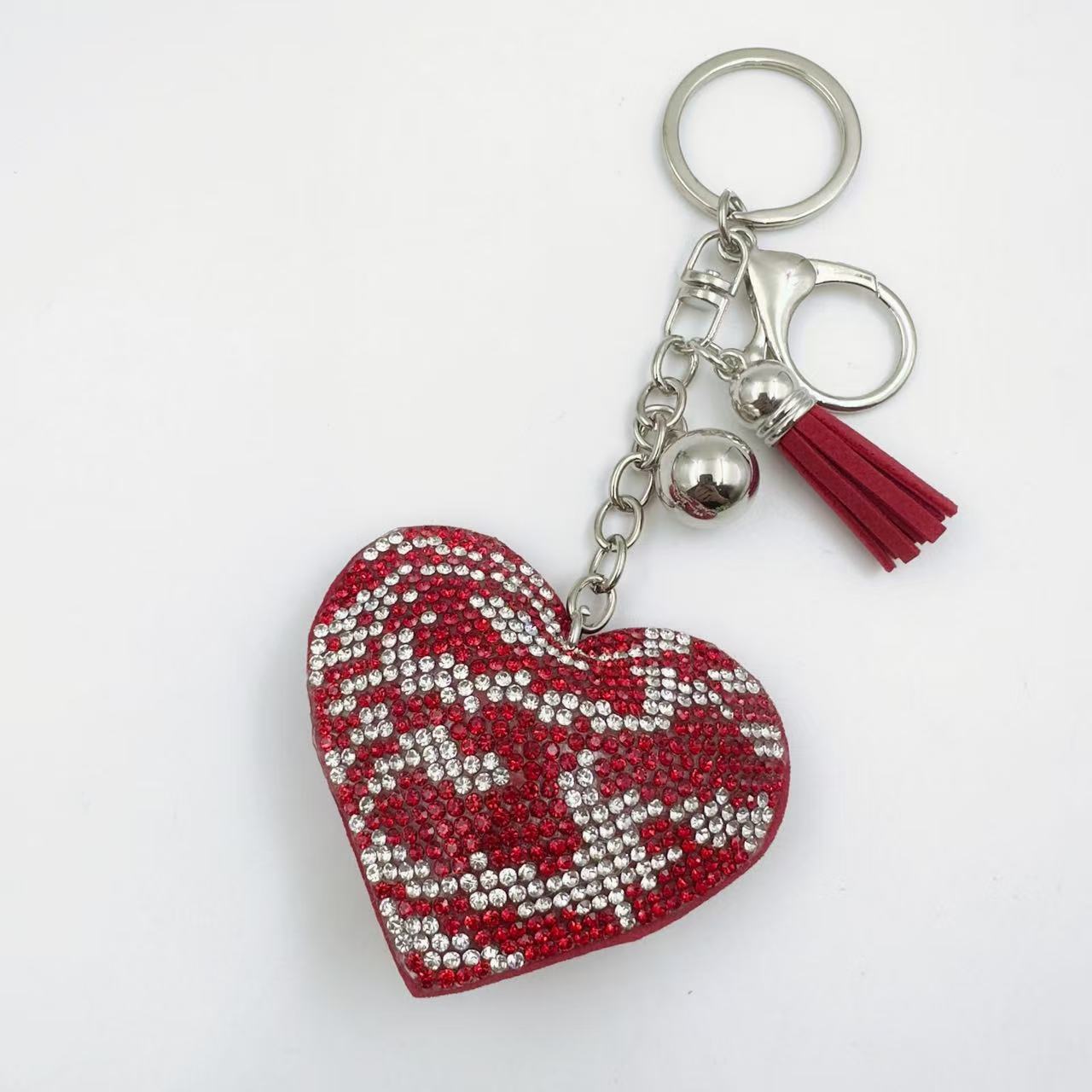 Cross-border Valentine's Day Korean velvet rhinestone zebra print heart keychain crystal rhinestone peach heart bag key chain