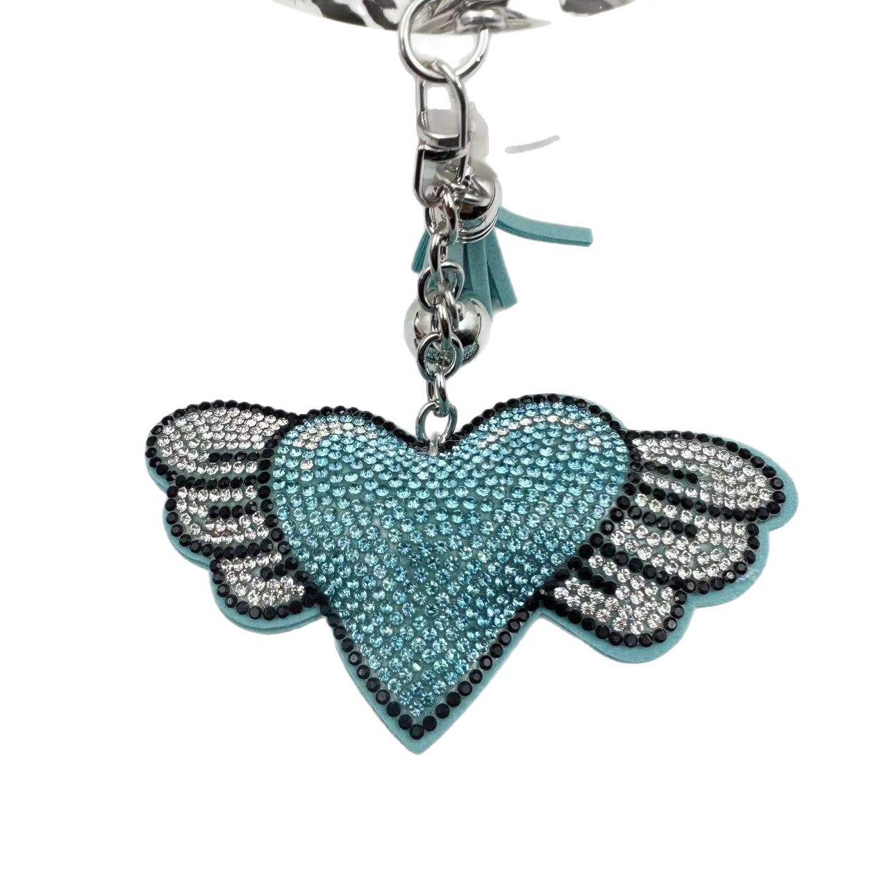 Creative rhinestone heart keychain, fashionable Korean style velvet rhinestone wing heart key chain, bag tassel pendant