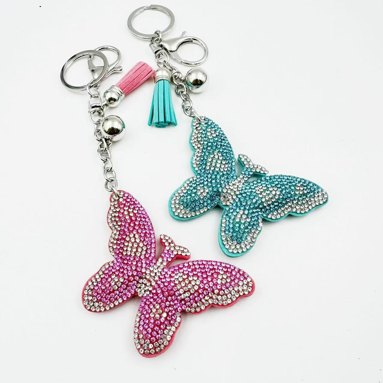 New cute cartoon Korean style velvet rhinestone butterfly keychain fashion bag crystal tassel pendant girl's gift