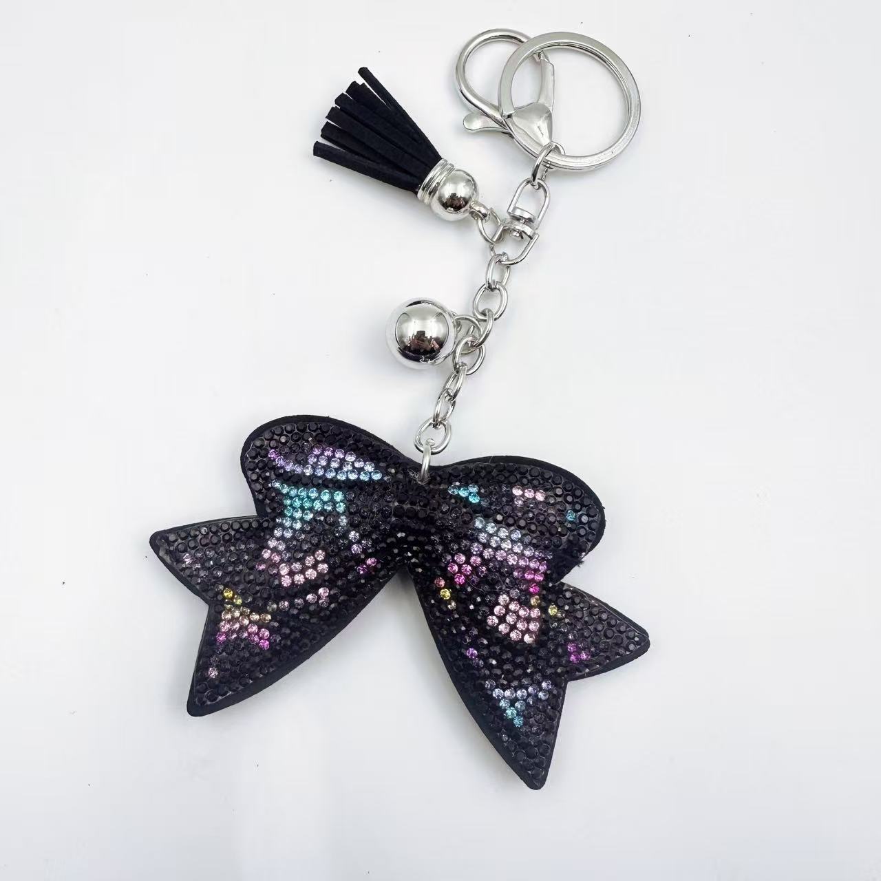 Creative rhinestone leopard print keychain, Korean velvet rhinestone bow keychain, bag tassel leather pendant