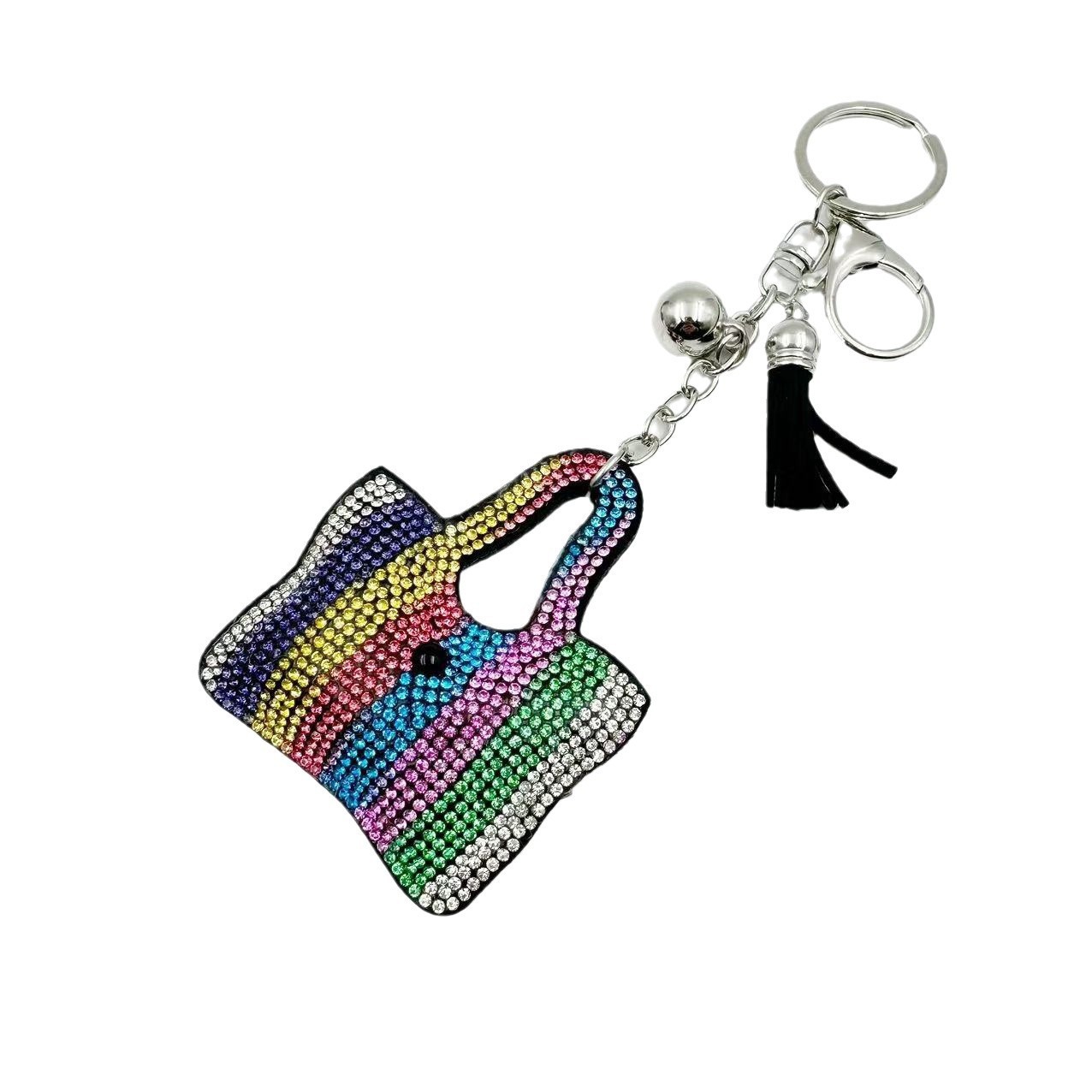 New cross-border tassel monochrome rainbow bag with hot-fix rhinestones, Korean velvet keychain, clothing bag, car pendant, DIY ornament