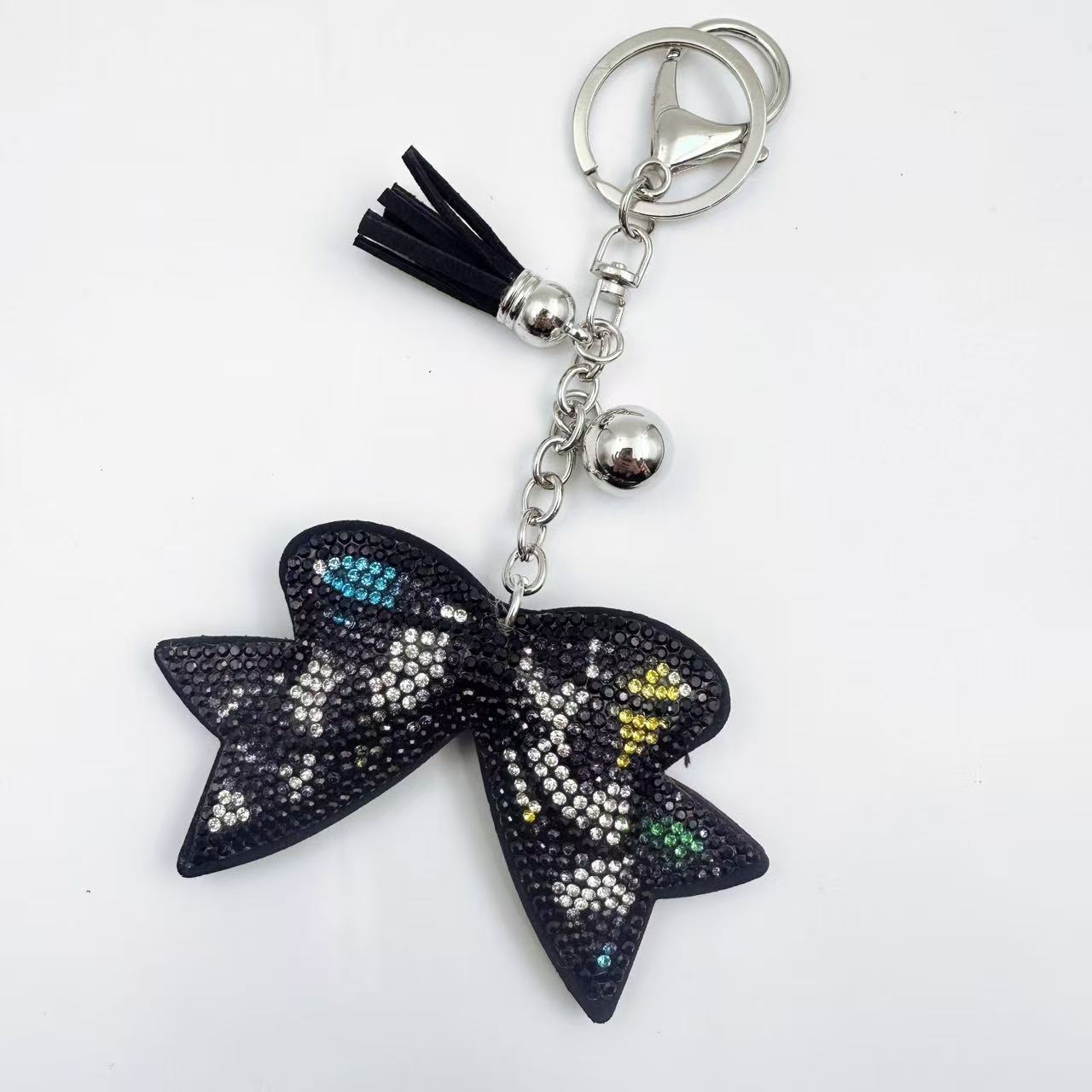 Creative rhinestone leopard print keychain, Korean velvet rhinestone bow keychain, bag tassel leather pendant