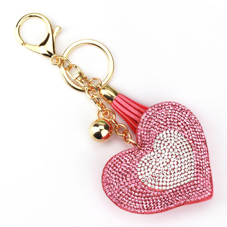 Cross-border AliExpress foreign trade jewelry, two-tone peach heart keychain, Korean velvet hot-fix rhinestone heart tassel bag car pendant