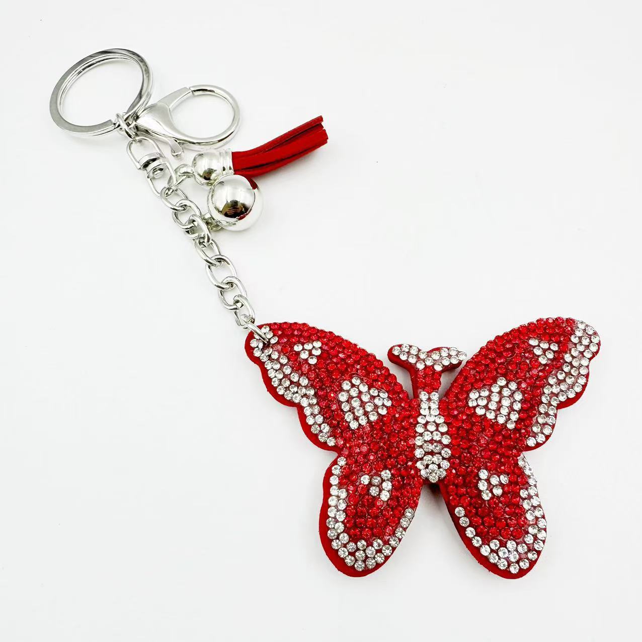 New cute cartoon Korean style velvet rhinestone butterfly keychain fashion bag crystal tassel pendant girl's gift