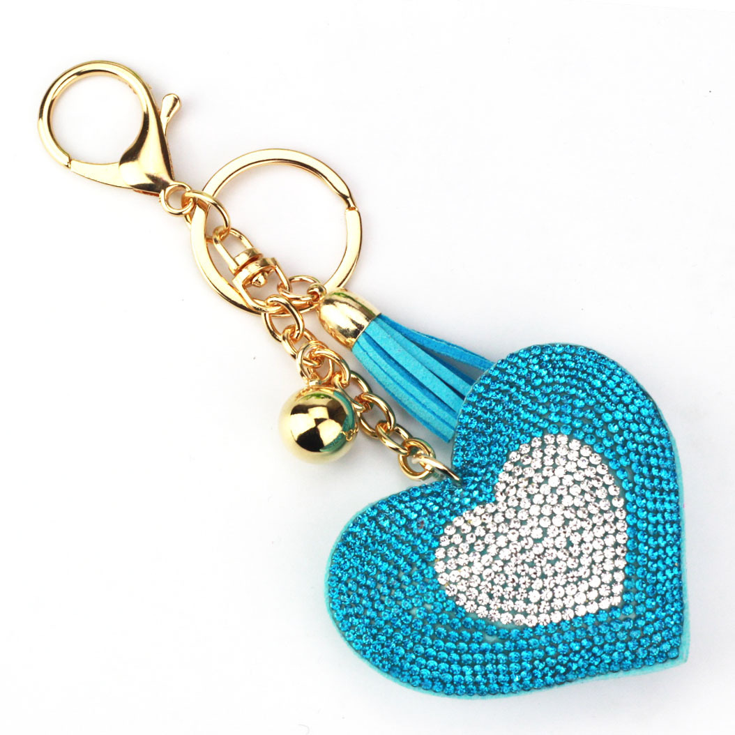 Cross-border AliExpress foreign trade jewelry, two-tone peach heart keychain, Korean velvet hot-fix rhinestone heart tassel bag car pendant