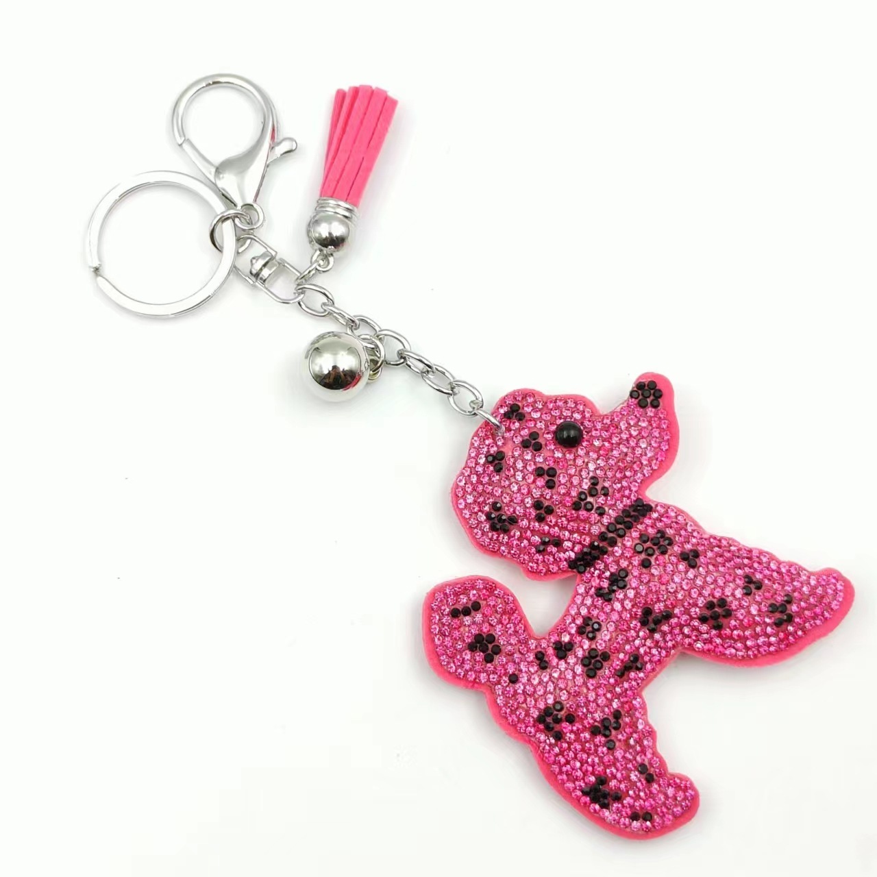 Cross-border e-commerce hot-selling two-tone teddy bear plush keychain with hot-fix rhinestones, fashionable plush tassel women's bag charm