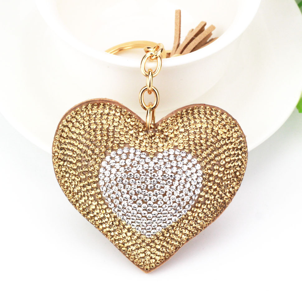 Cross-border AliExpress foreign trade jewelry, two-tone peach heart keychain, Korean velvet hot-fix rhinestone heart tassel bag car pendant