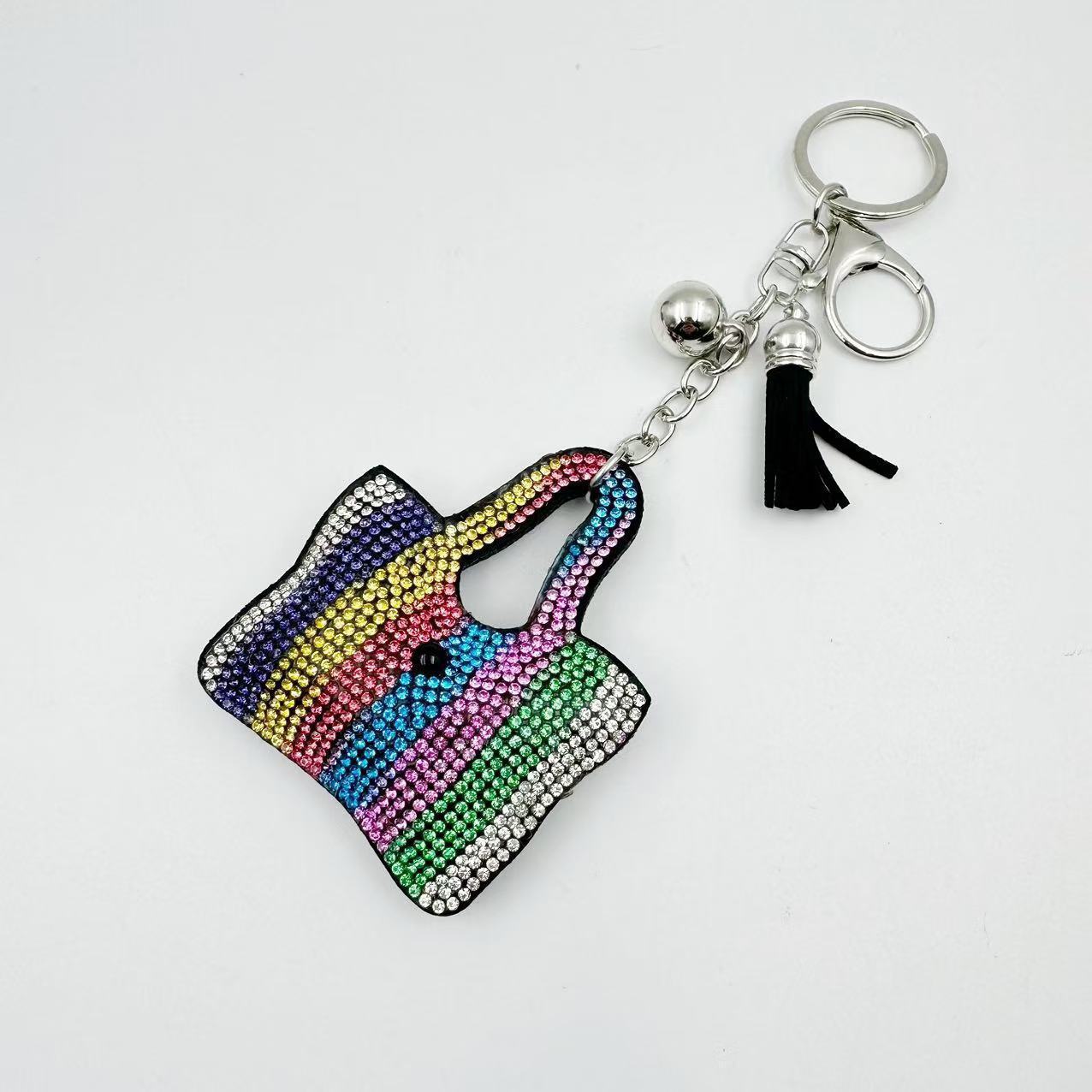 New cross-border tassel monochrome rainbow bag with hot-fix rhinestones, Korean velvet keychain, clothing bag, car pendant, DIY ornament
