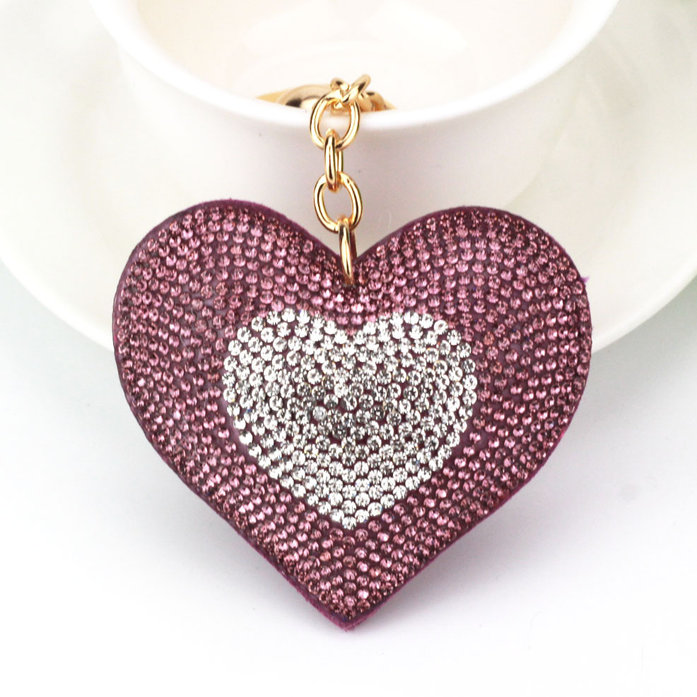 Cross-border AliExpress foreign trade jewelry, two-tone peach heart keychain, Korean velvet hot-fix rhinestone heart tassel bag car pendant