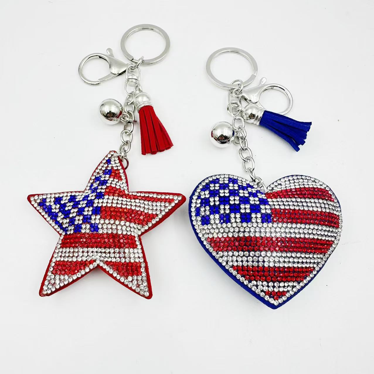 New cross-border hot-selling Korean velvet rhinestone-studded national flag heart bag charm, fashionable tassel keychain, heart-shaped ornament.