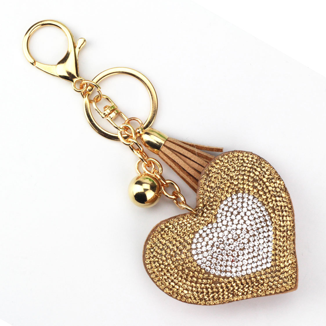 Cross-border AliExpress foreign trade jewelry, two-tone peach heart keychain, Korean velvet hot-fix rhinestone heart tassel bag car pendant