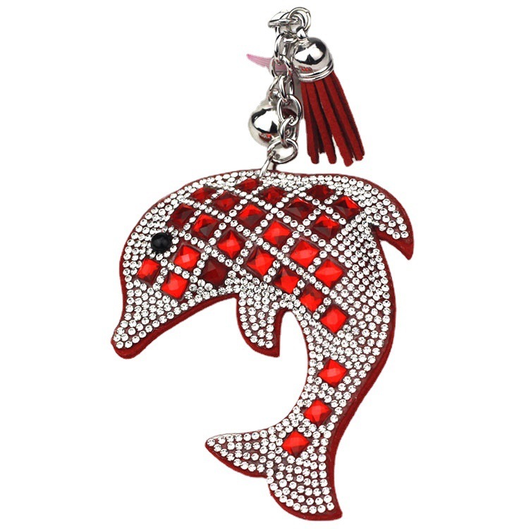 Cross-border creative glass rhinestone dolphin bag charm, foreign trade car gift, Korean velvet hot-fix rhinestone keychain