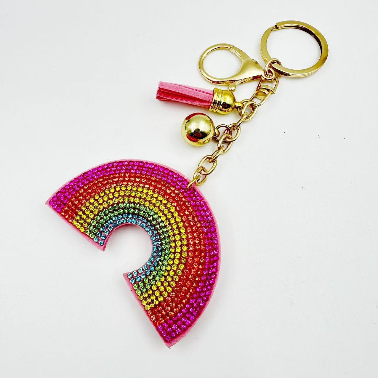 Cross-border popular rainbow Korean velvet rhinestone keychain, fashionable tassel electroplated sphere bag/car pendant DIY