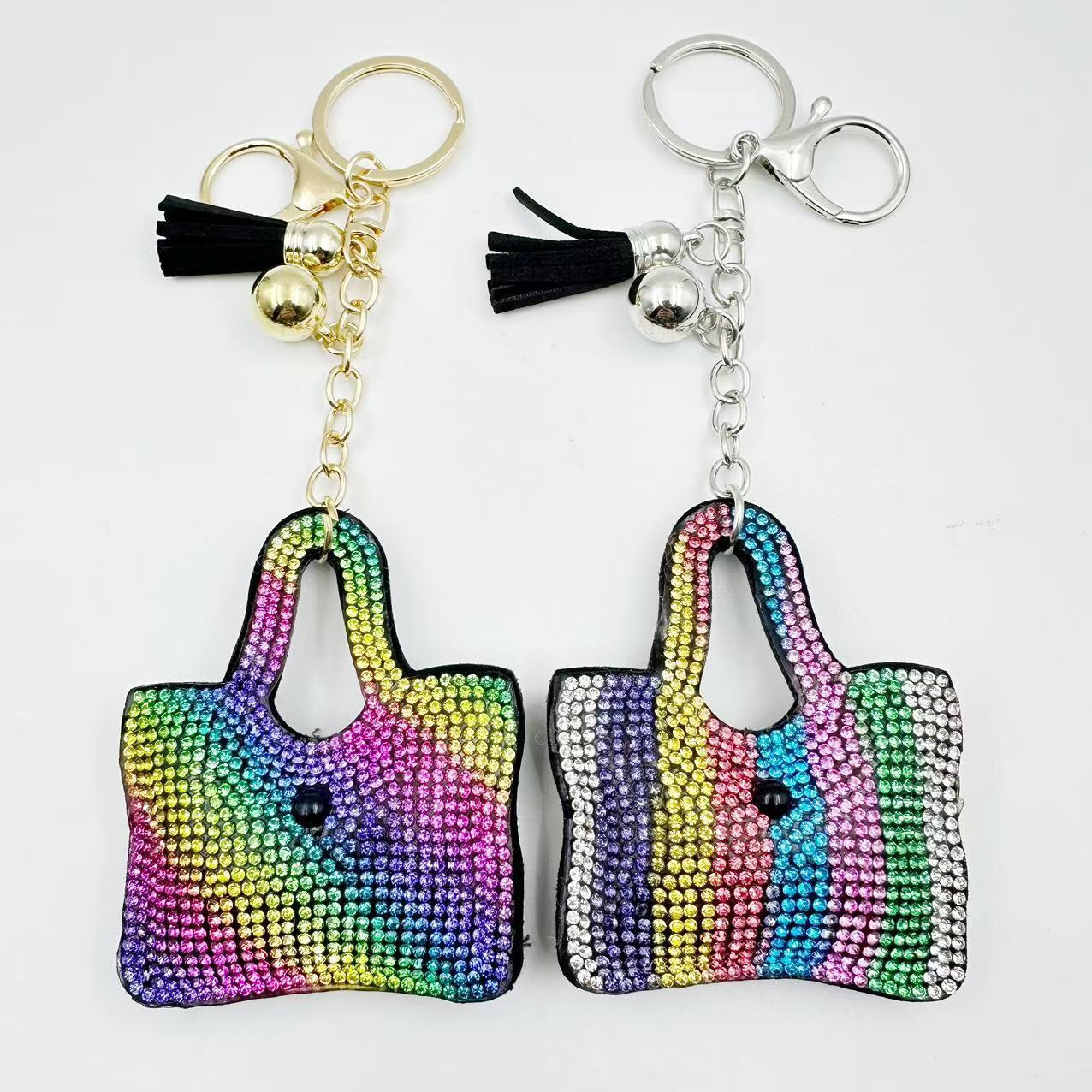New cross-border tassel monochrome rainbow bag with hot-fix rhinestones, Korean velvet keychain, clothing bag, car pendant, DIY ornament