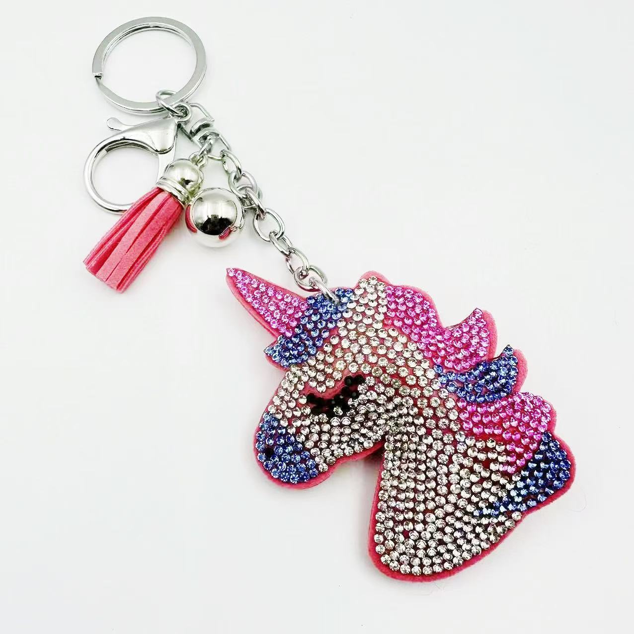 New cross-border cute cartoon unicorn hot-fix rhinestone keychain, fashionable rhinestone crystal tassel bag pendant manufacturer
