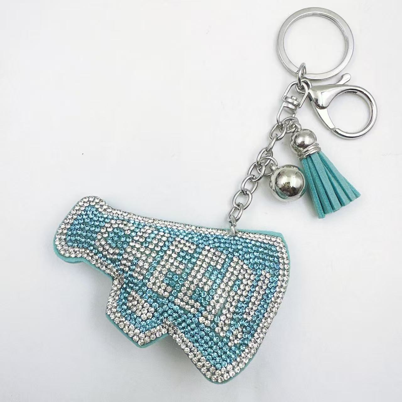Wholesale hot-fix rhinestone letter CHEER keychains, gift sets, rhinestone horn pattern bags, keychains, pendants