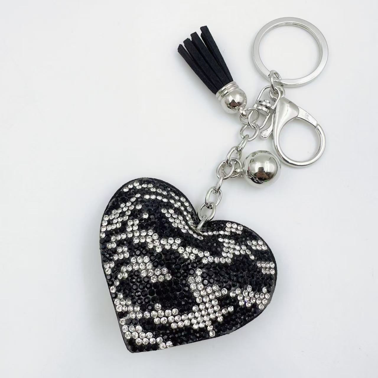 Cross-border Valentine's Day Korean velvet rhinestone zebra print heart keychain crystal rhinestone peach heart bag key chain