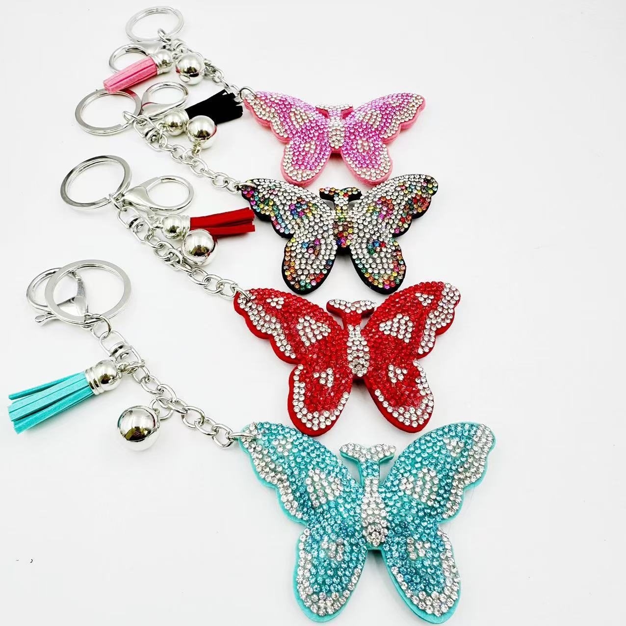New cute cartoon Korean style velvet rhinestone butterfly keychain fashion bag crystal tassel pendant girl's gift