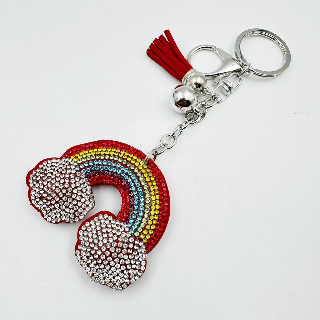 Cross-border popular rainbow Korean velvet rhinestone keychain, fashionable tassel electroplated sphere bag/car pendant DIY