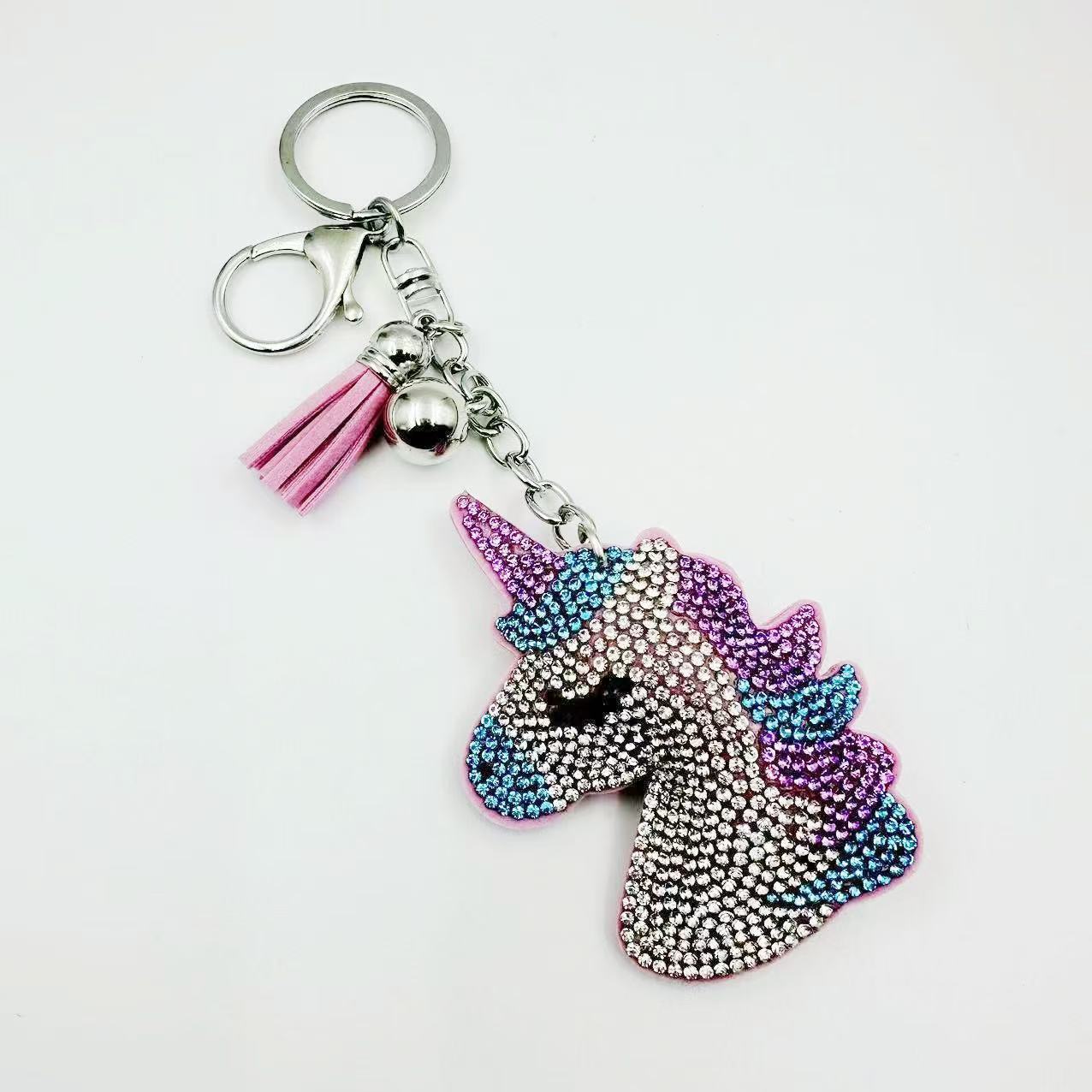 New cross-border cute cartoon unicorn hot-fix rhinestone keychain, fashionable rhinestone crystal tassel bag pendant manufacturer