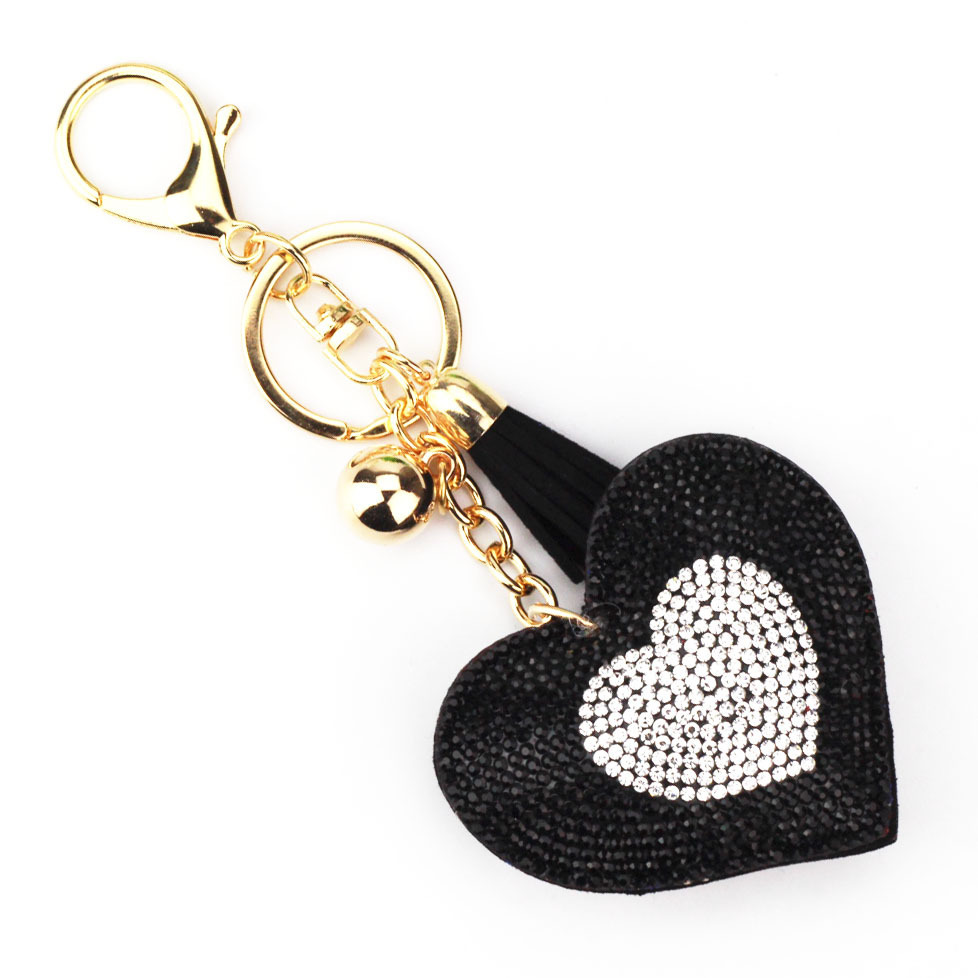 Cross-border AliExpress foreign trade jewelry, two-tone peach heart keychain, Korean velvet hot-fix rhinestone heart tassel bag car pendant