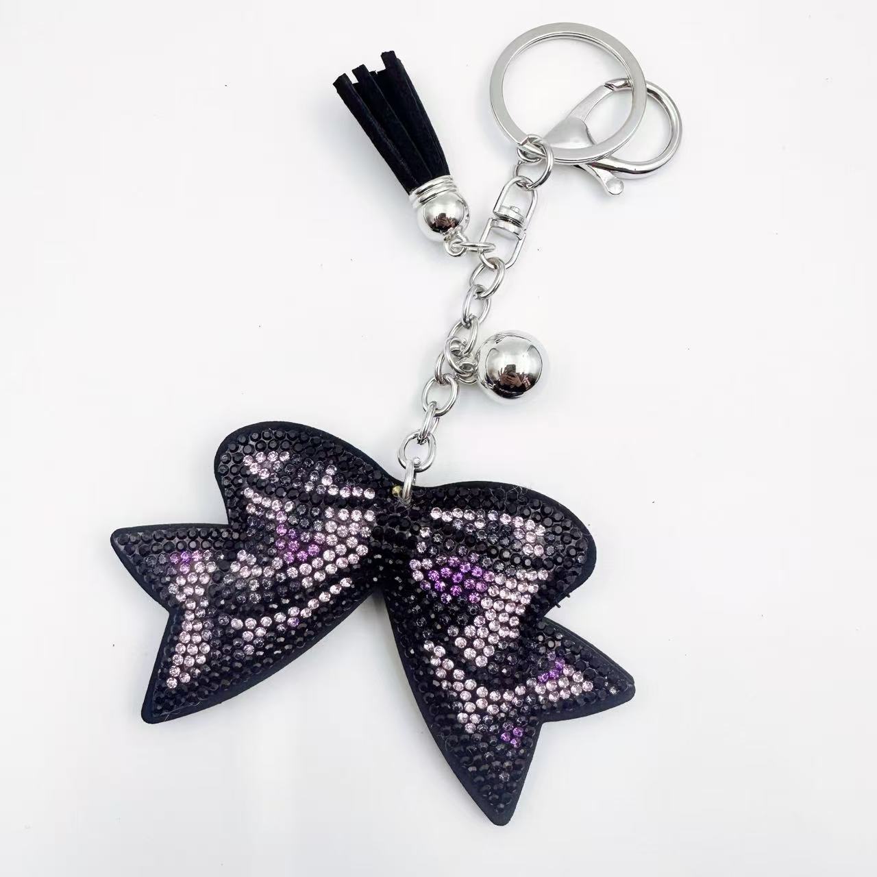 Creative rhinestone leopard print keychain, Korean velvet rhinestone bow keychain, bag tassel leather pendant