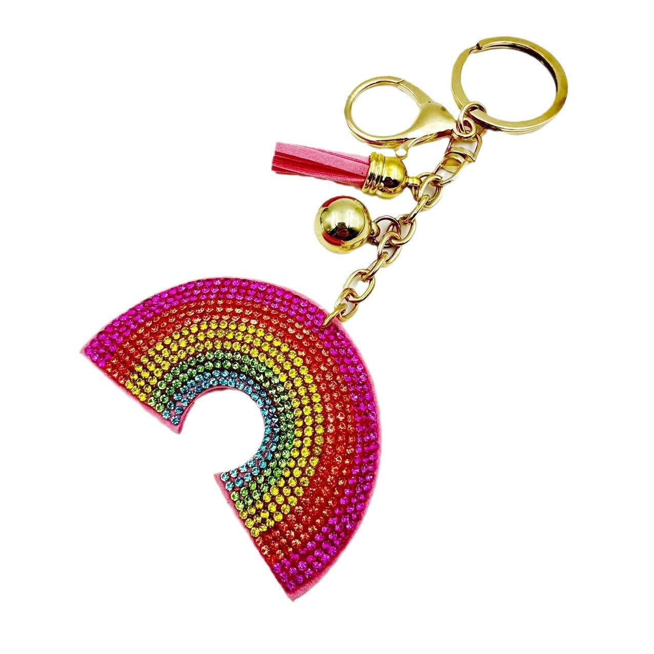 Cross-border popular rainbow Korean velvet rhinestone keychain, fashionable tassel electroplated sphere bag/car pendant DIY