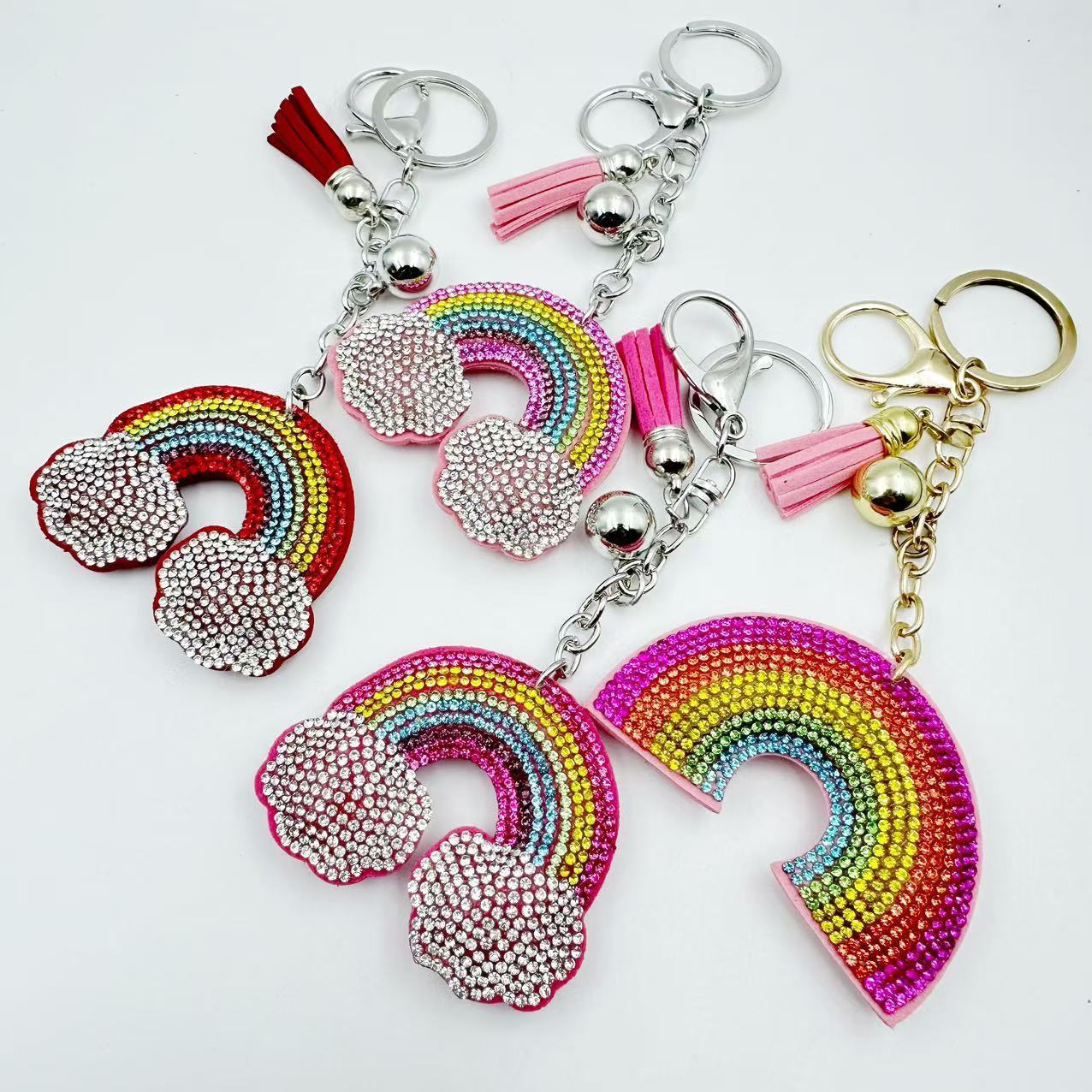 Cross-border popular rainbow Korean velvet rhinestone keychain, fashionable tassel electroplated sphere bag/car pendant DIY