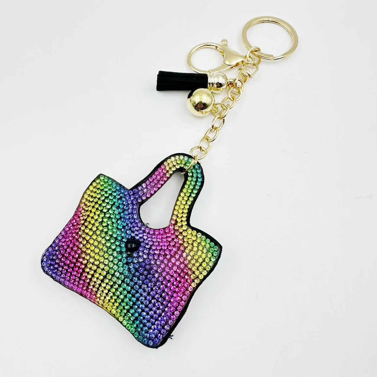 New cross-border tassel monochrome rainbow bag with hot-fix rhinestones, Korean velvet keychain, clothing bag, car pendant, DIY ornament