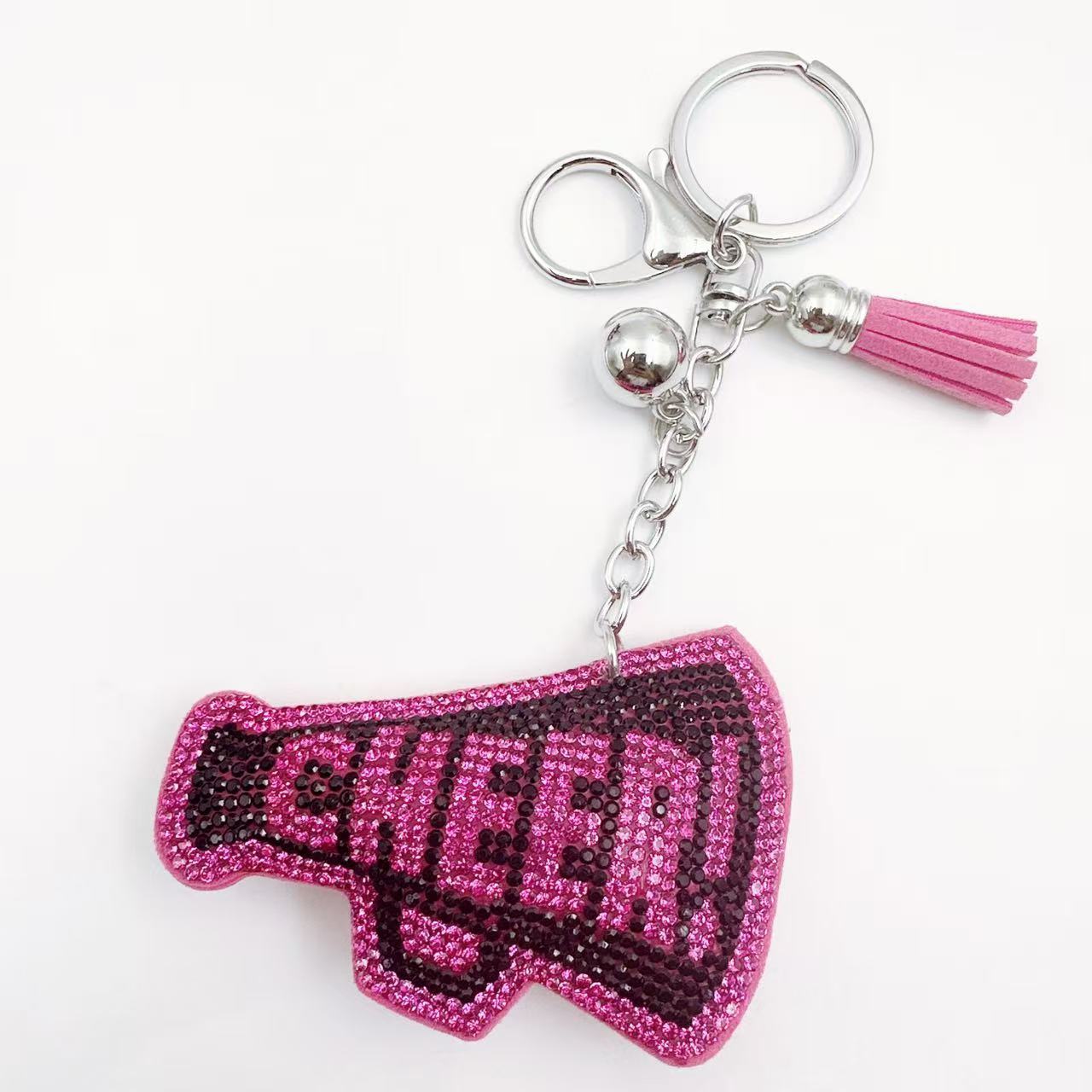 Wholesale hot-fix rhinestone letter CHEER keychains, gift sets, rhinestone horn pattern bags, keychains, pendants