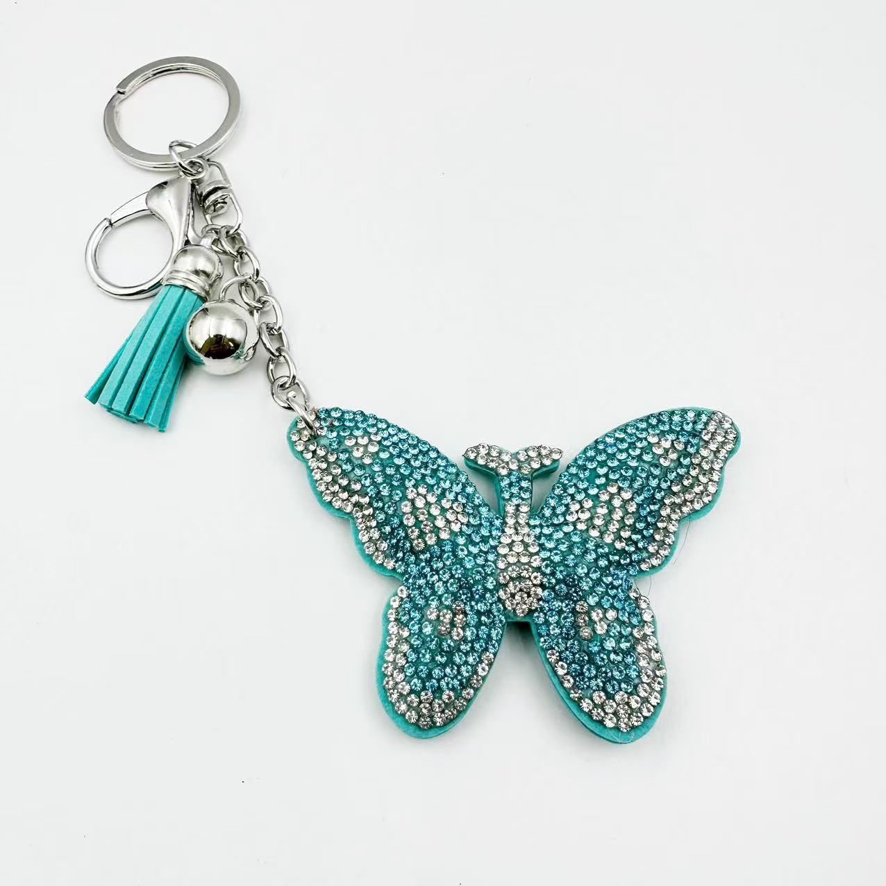 New cute cartoon Korean style velvet rhinestone butterfly keychain fashion bag crystal tassel pendant girl's gift