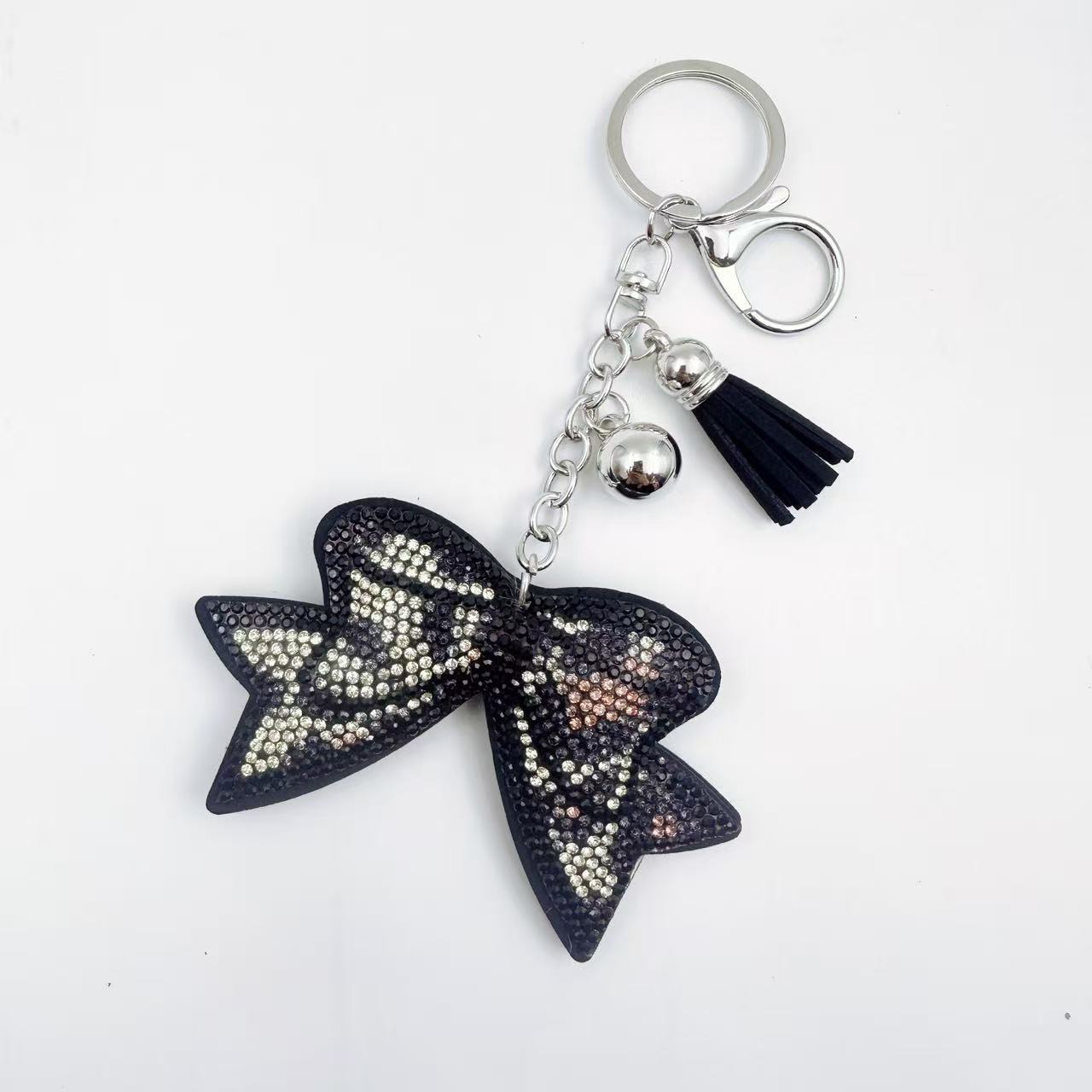 Creative rhinestone leopard print keychain, Korean velvet rhinestone bow keychain, bag tassel leather pendant