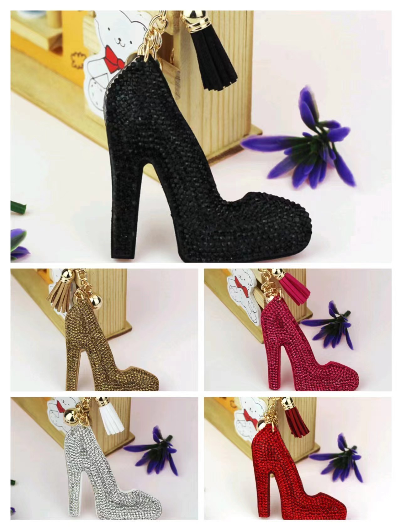 New export style velvet rhinestone-encrusted bag charm, fashionable high-heeled shoe keychain, car and mobile phone fashion pendant.