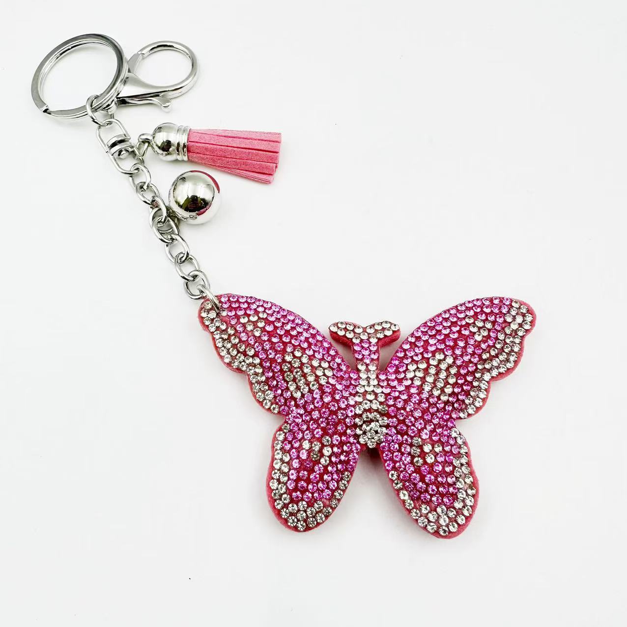 New cute cartoon Korean style velvet rhinestone butterfly keychain fashion bag crystal tassel pendant girl's gift