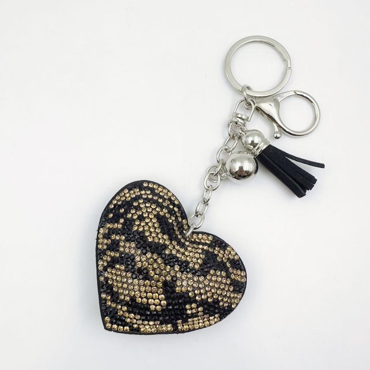 Cross-border Valentine's Day Korean velvet rhinestone zebra print heart keychain crystal rhinestone peach heart bag key chain